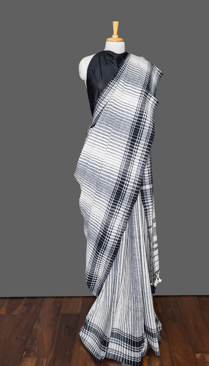 Black & White khadi Cotton Saree | simmpli ethnicc