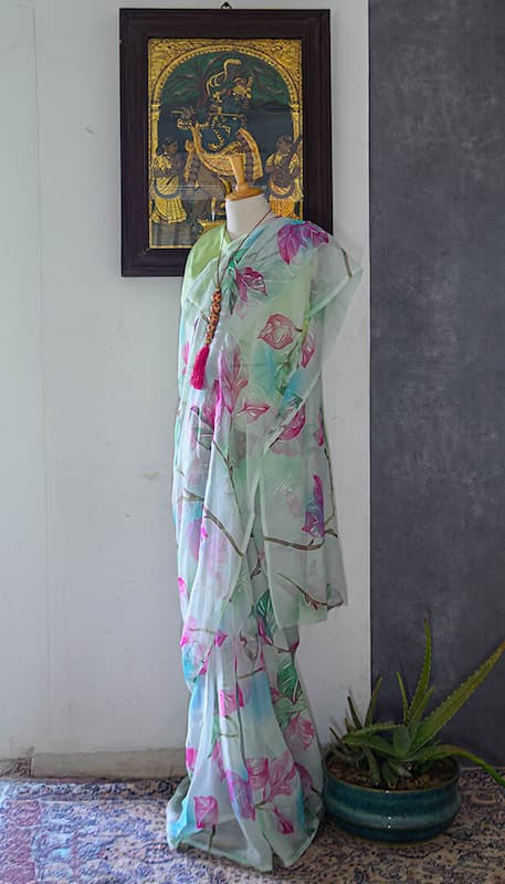 Semi Chiffon Saree-Aqua Green- Floral Print