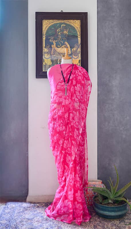 Semi Chiffon saree-Fuchsia Pink-Floral Print