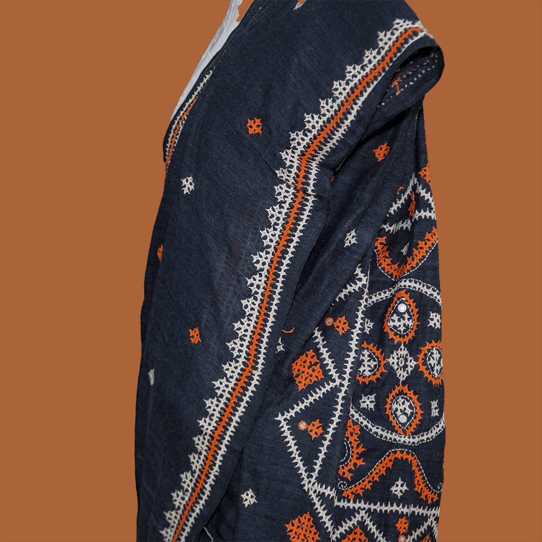 Grey Blue cotton Hand Embroidered Saree | simmpli ethnicc