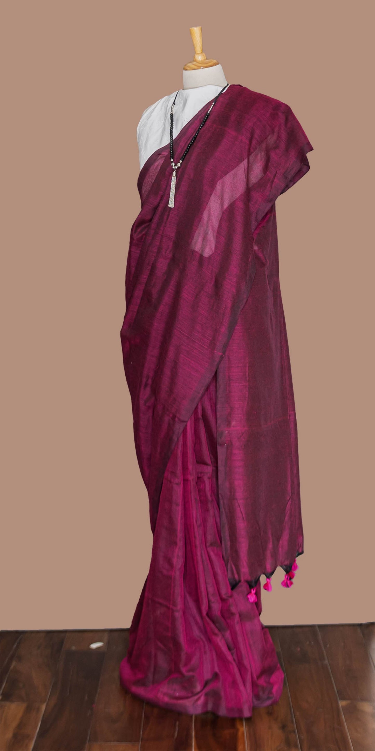 Plum Color Cotton Plain Saree with Tassel | simmpli ethnicc