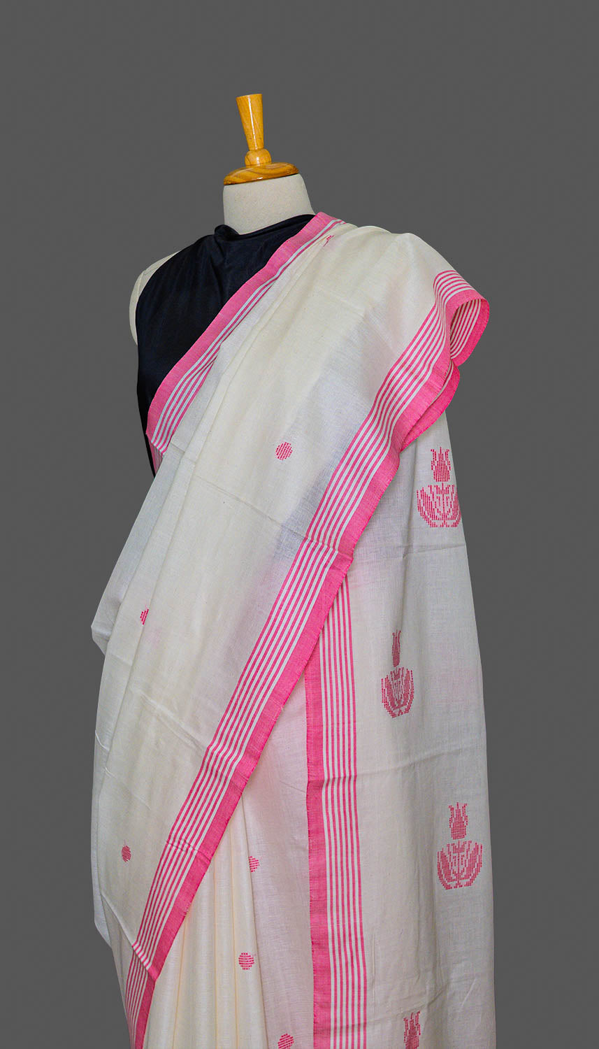 White & Pink handwoven Booti soft cotton Saree | simmpli ethnicc