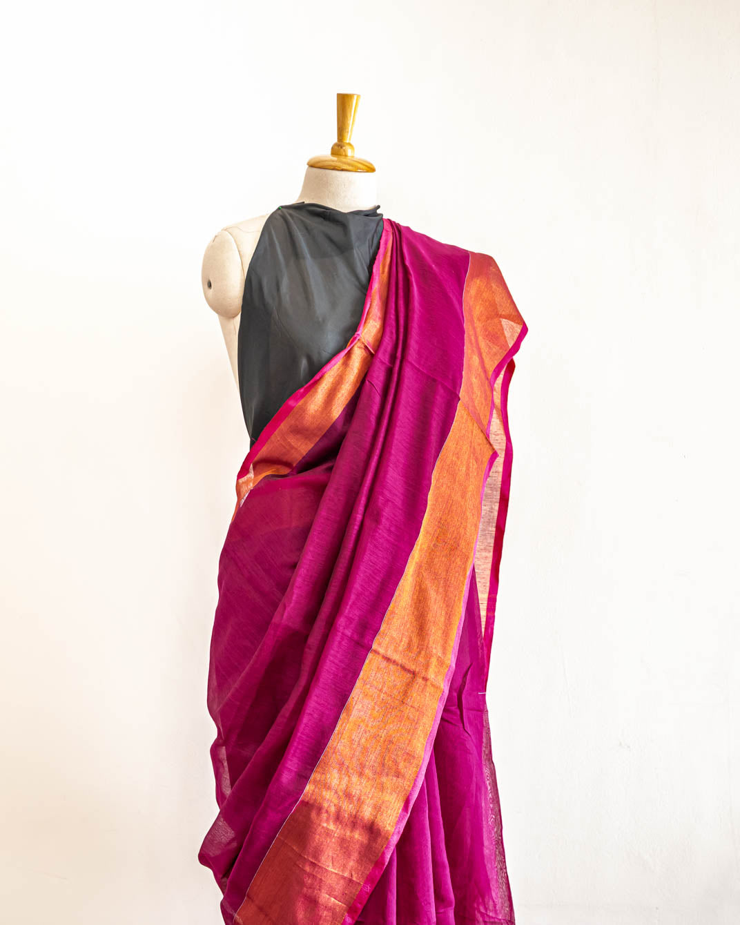 Magenta handloom cotton golden border Saree