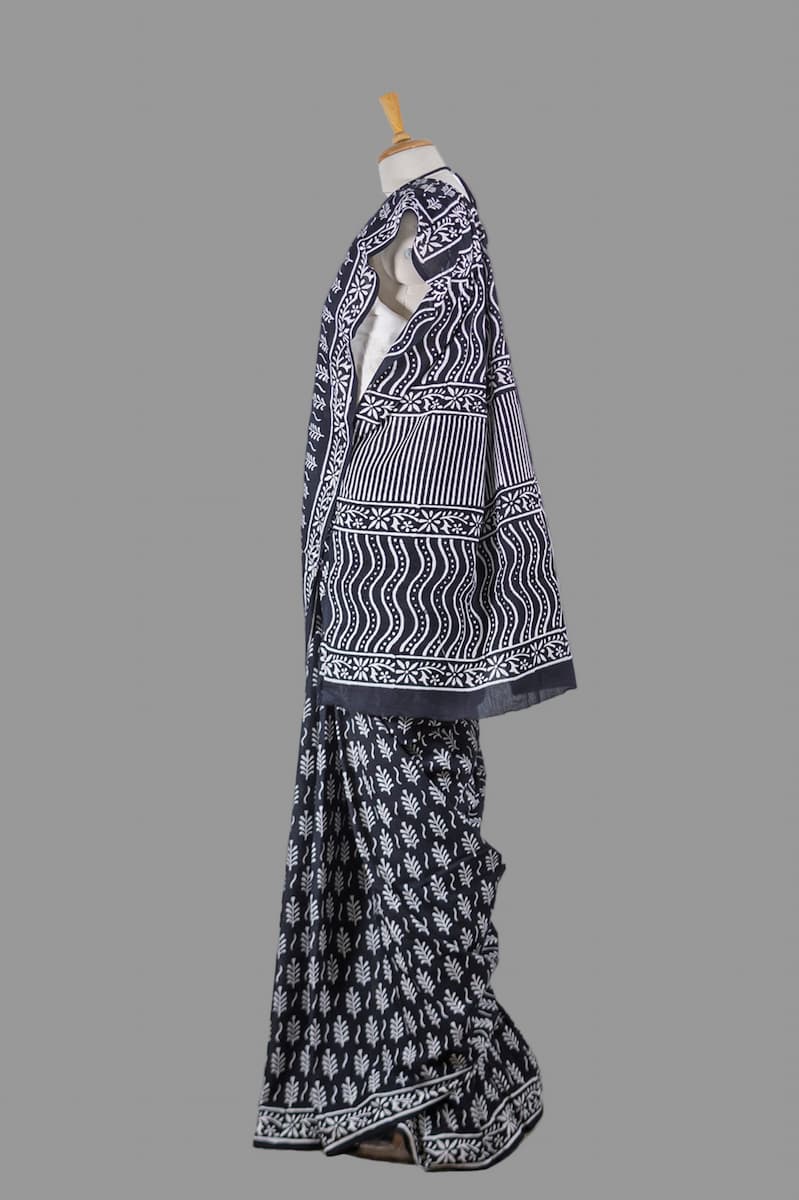 Mul Cotton saree-Charcoal Black-Block Print