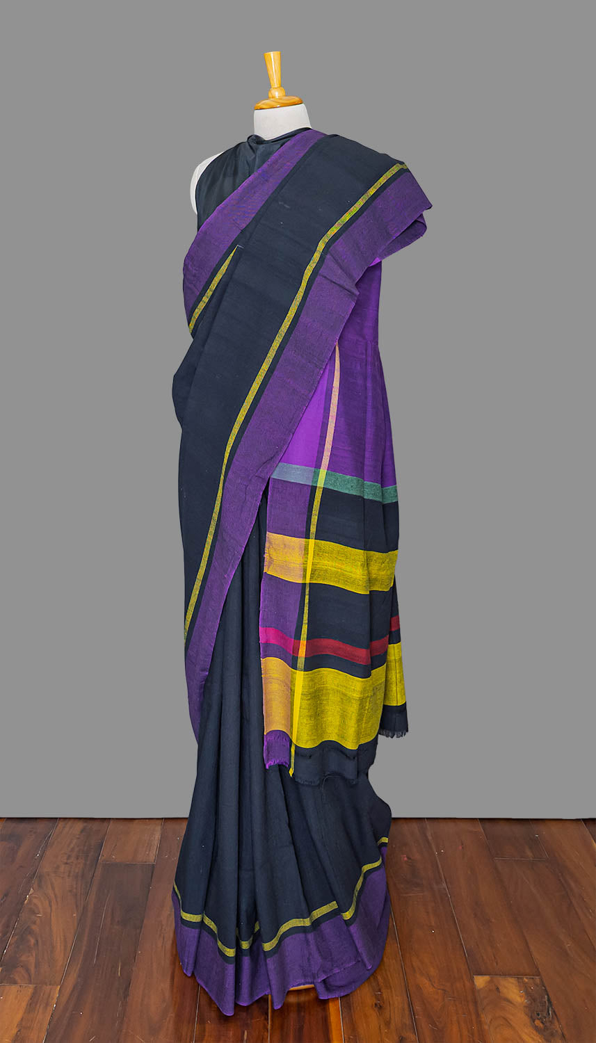 Black & Purple Khadi Cotton Saree
