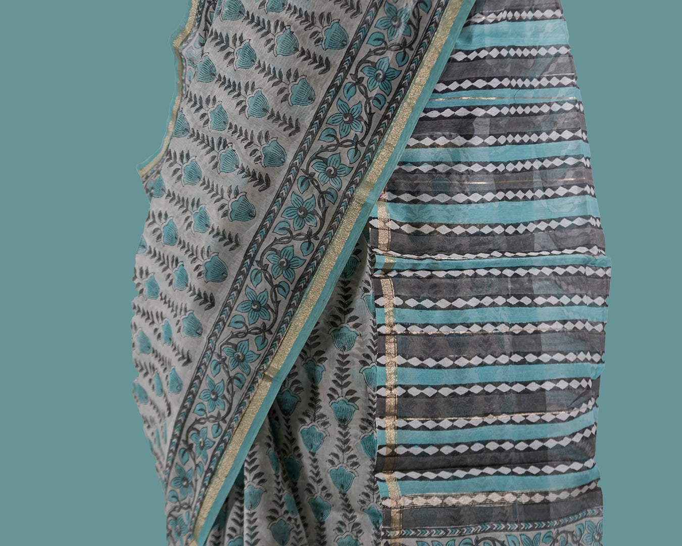 CHANDERI COTTON SAREE - AQUA GREEN FLORAL PRINT - CHANDERI SAREE COLLECTION | simmpli ethnicc