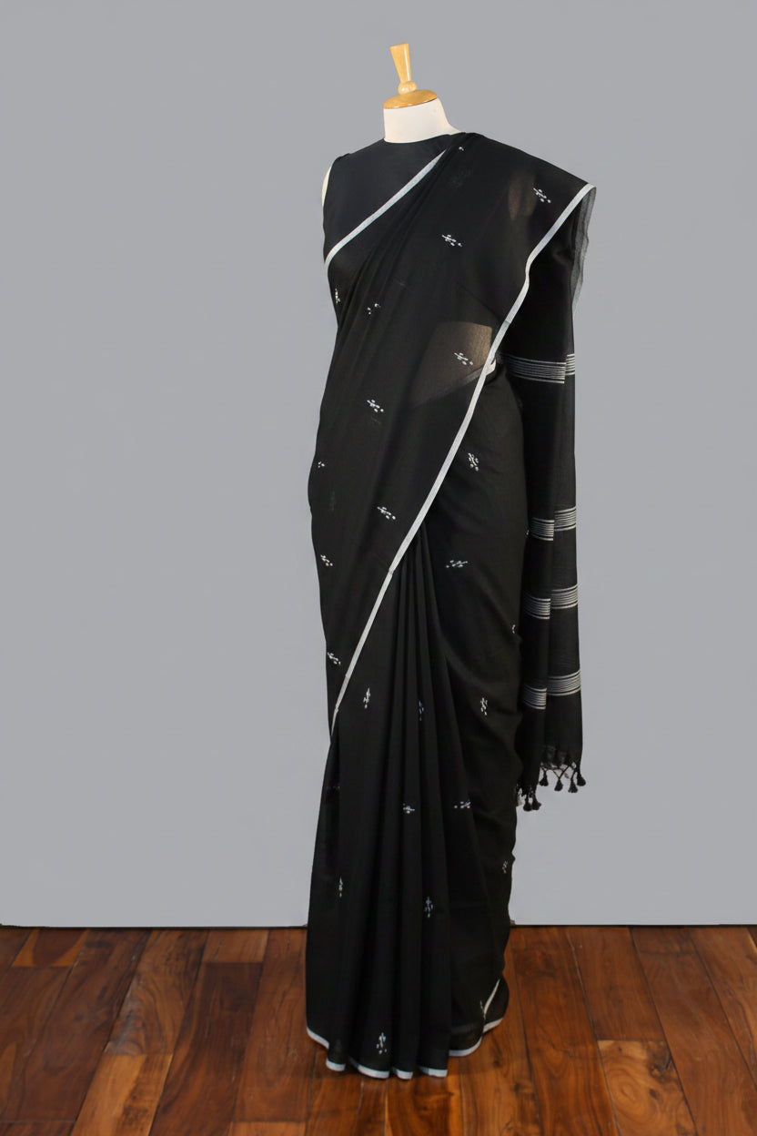 Fine Handloom Cotton Saree-Black-White Border & Booties