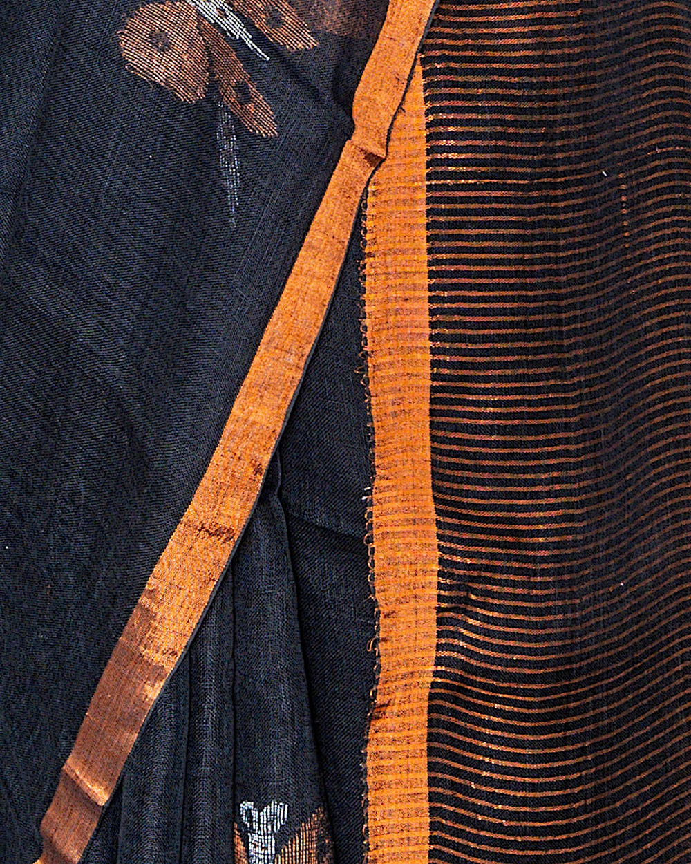 Black & Bronze Butterfly Booti Linen Saree | simmpli ethnicc