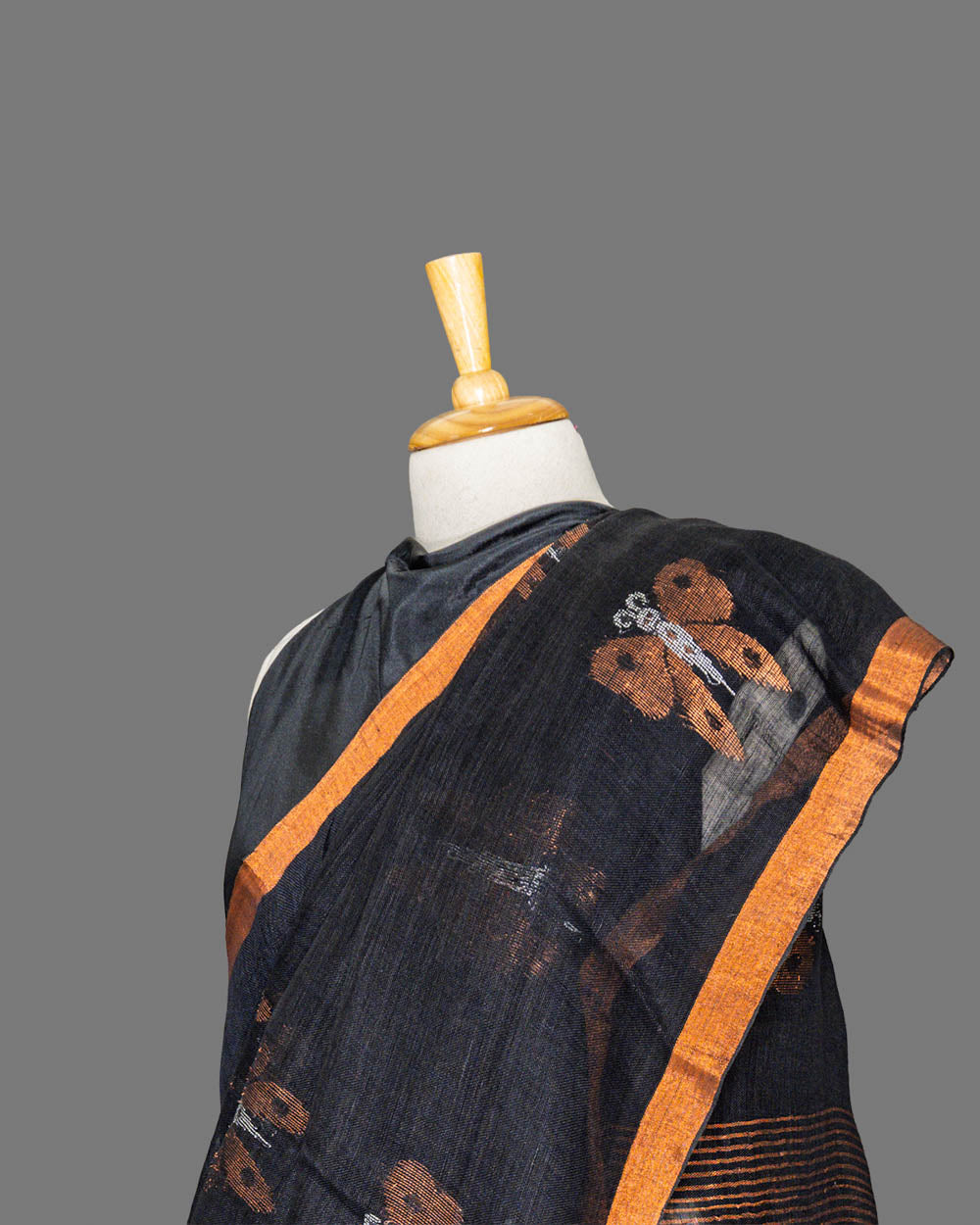 Black & Bronze Butterfly Booti Linen Saree | simmpli ethnicc