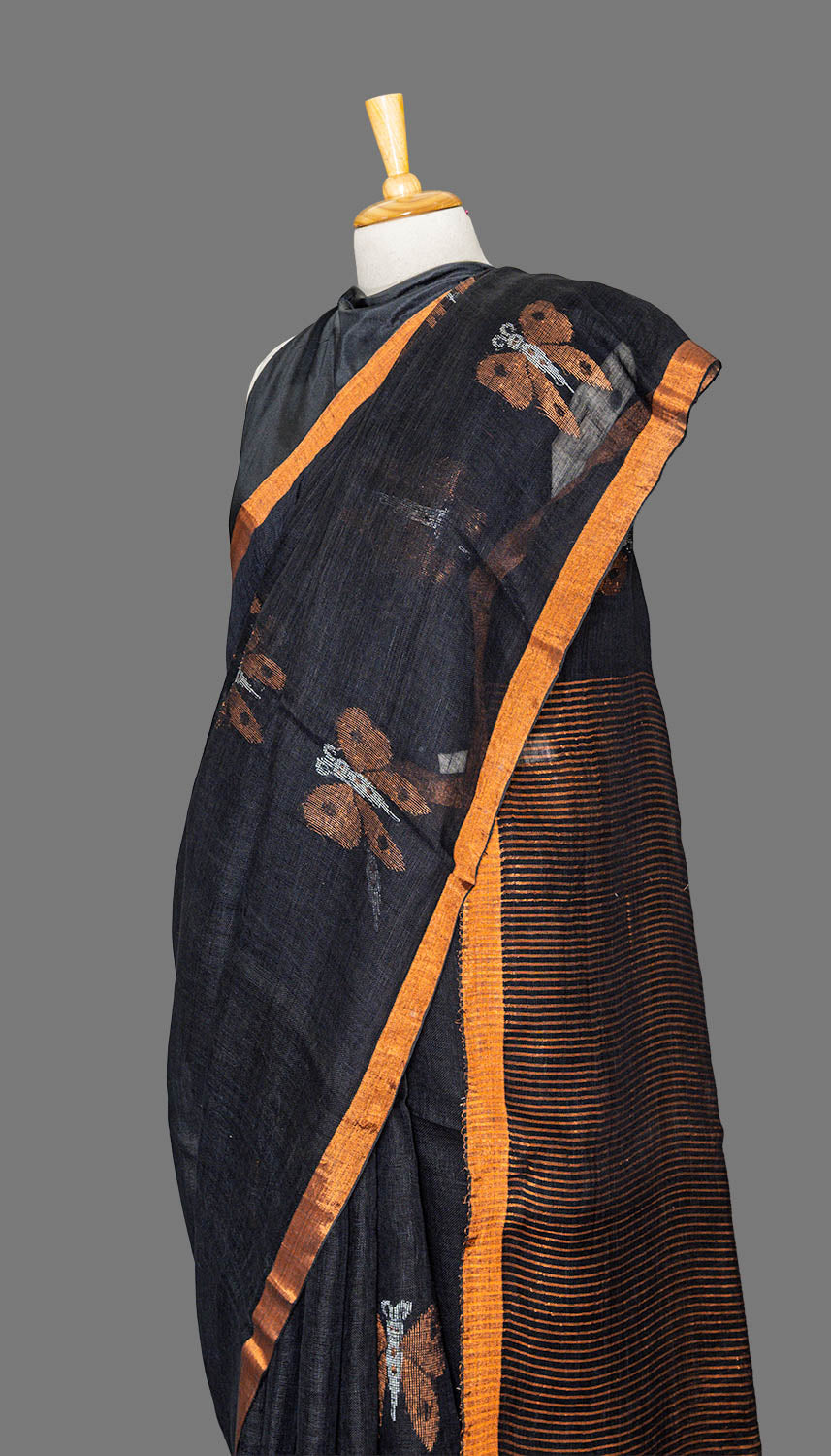 Black & Bronze Butterfly Booti Linen Saree | simmpli ethnicc