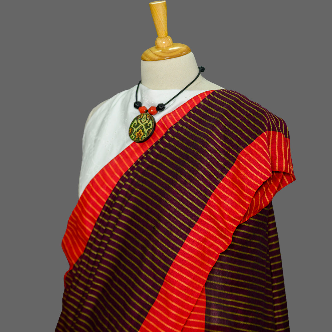 Cotton Black Saree with vertical stripes & Slim Orange Border | simmpli ethnicc