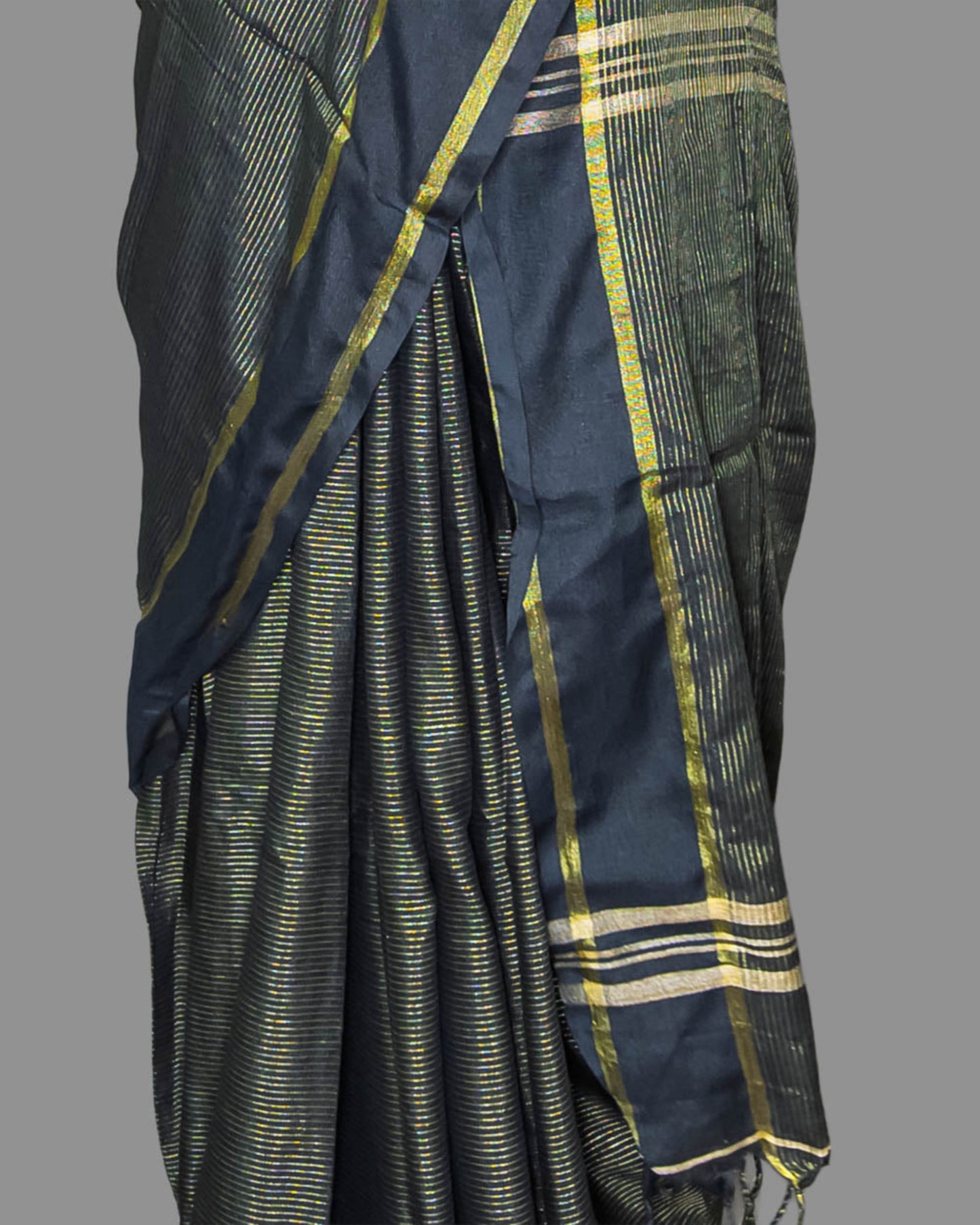 Black Golden stripes Handloom Cotton Saree | simmpli ethnicc