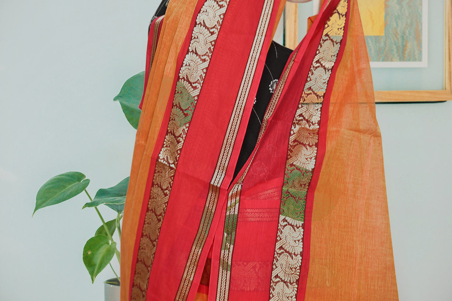 HANDLOOM COTTON SAREE-ORANGE_RED_CREAMR RESHAM WOVEN BORDER-HANDLLOOM COTTON SAREE COLLECTION| simmpli ethnicc