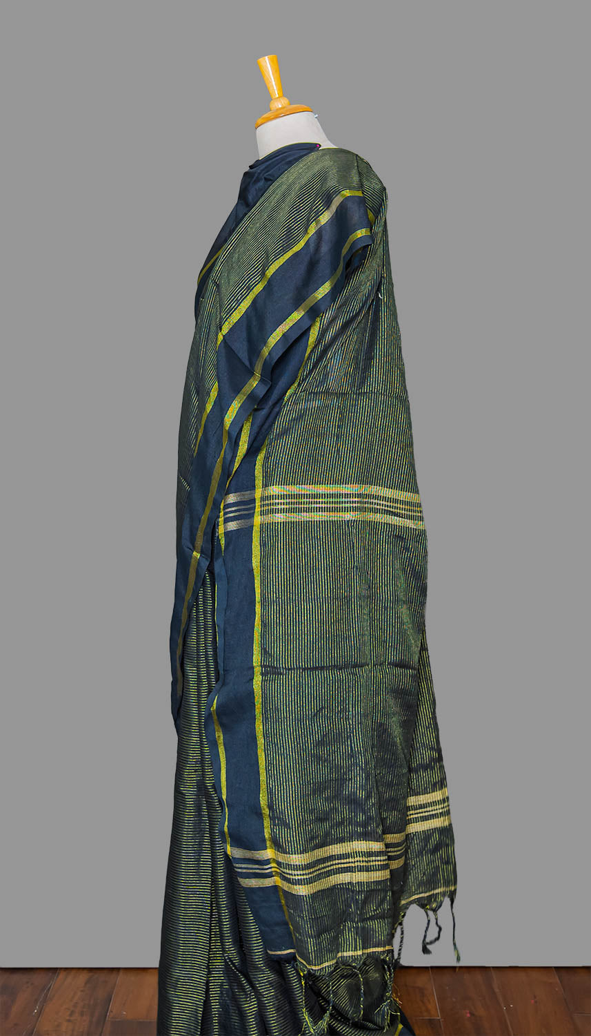 Black Golden stripes Handloom Cotton Saree | simmpli ethnicc