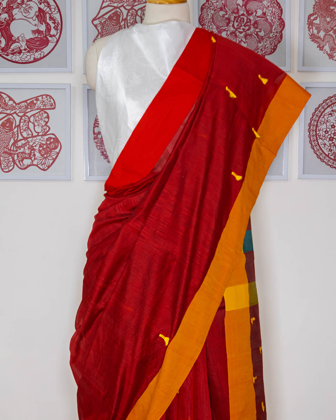 Red Saree Orange & Golden Yellow border