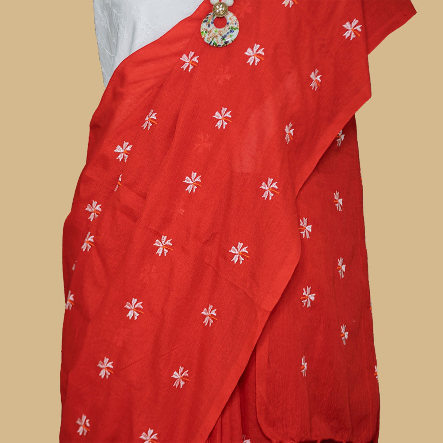 Red Embroidered Booties Cotton Saree | simmpli ethnicc