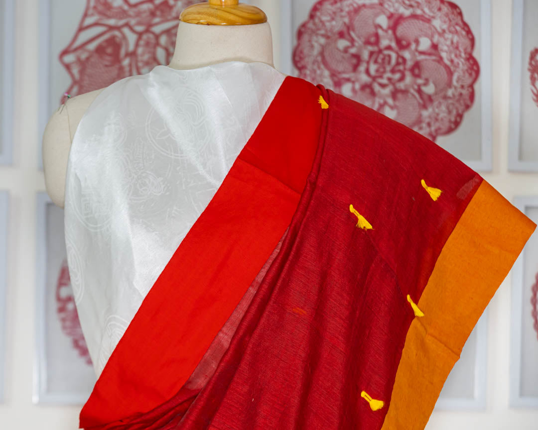 Red Saree Orange & Golden Yellow border