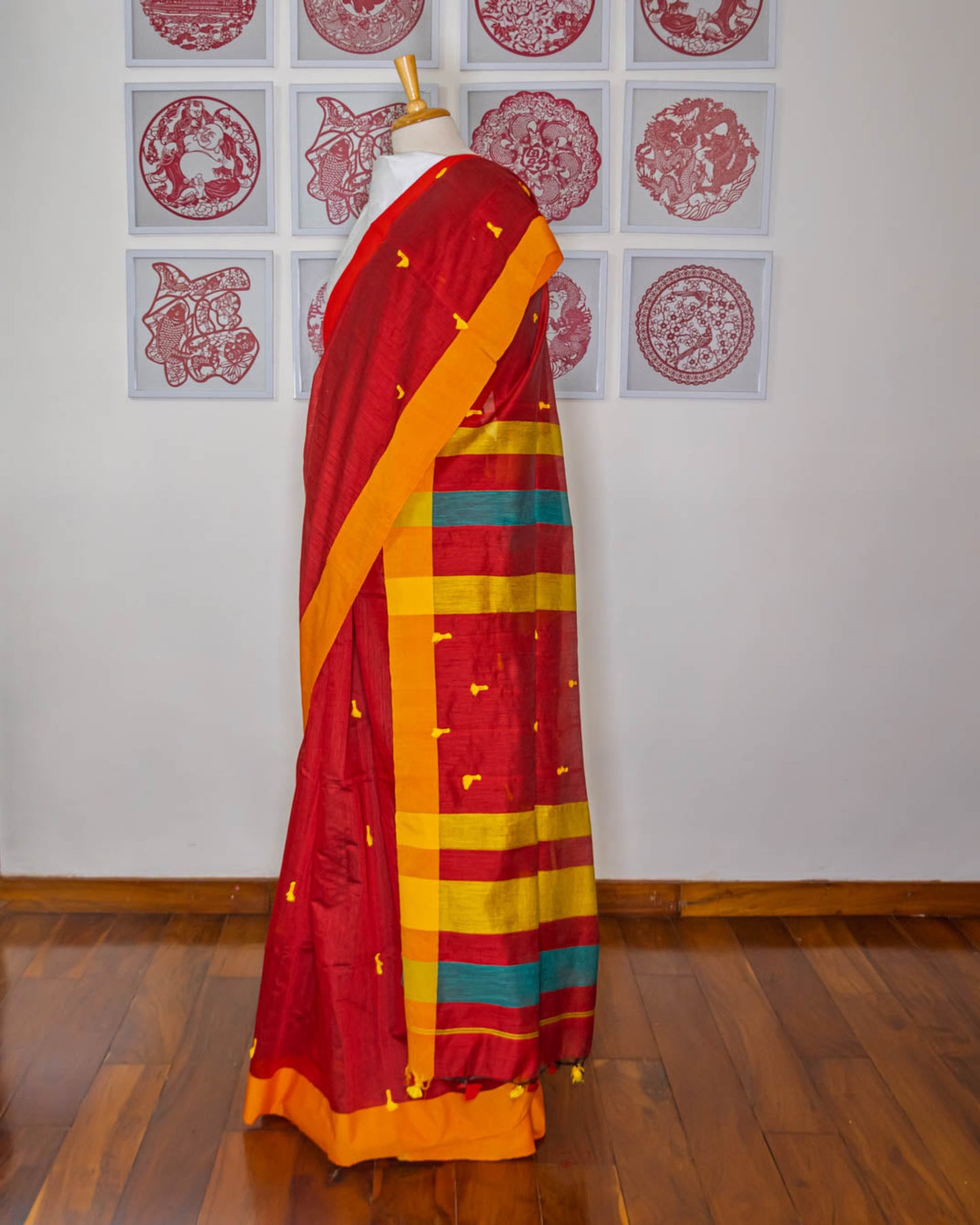 Red Saree Orange & Golden Yellow border