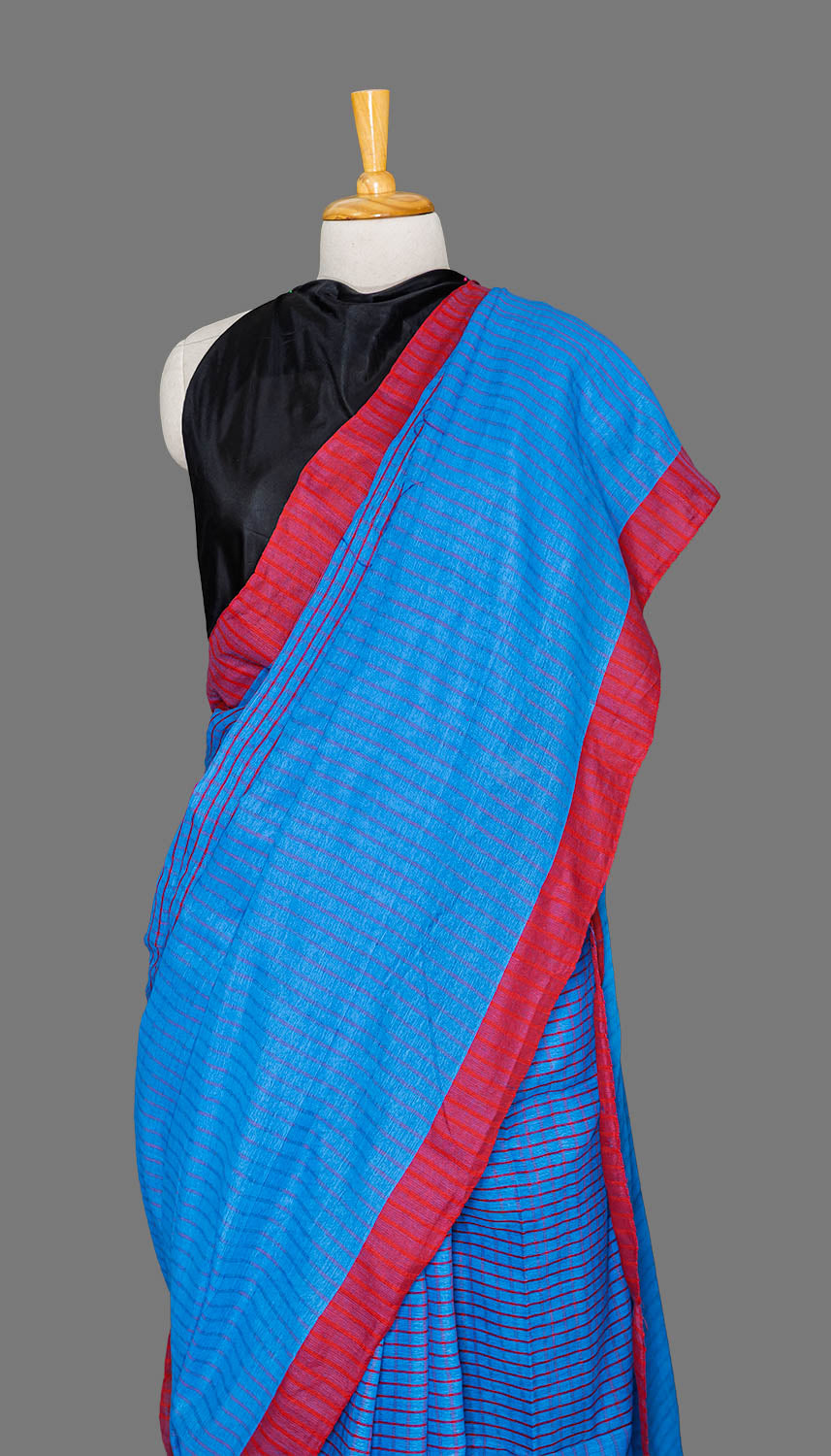 Blue & Red Chequred Handloom Cotton Saree | simmpli ethnicc
