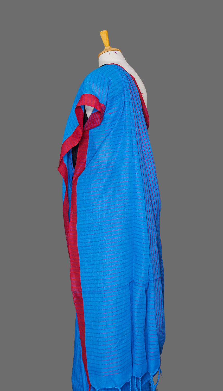 Blue & Red Chequred Handloom Cotton Saree | simmpli ethnicc