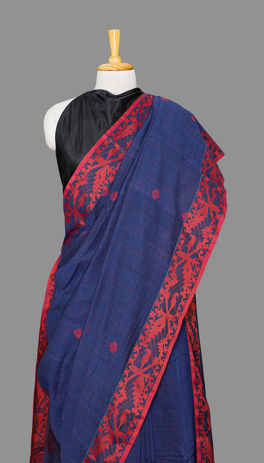 Navy & Red Handloom Cotton Saree | simmpli ethnicc
