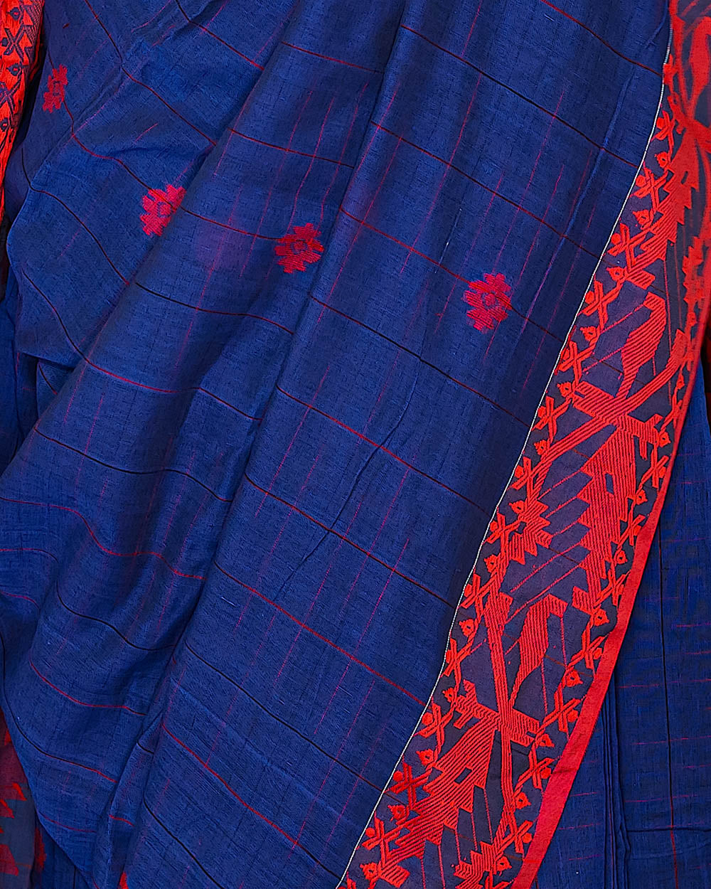 Navy & Red Handloom Cotton Saree | simmpli ethnicc