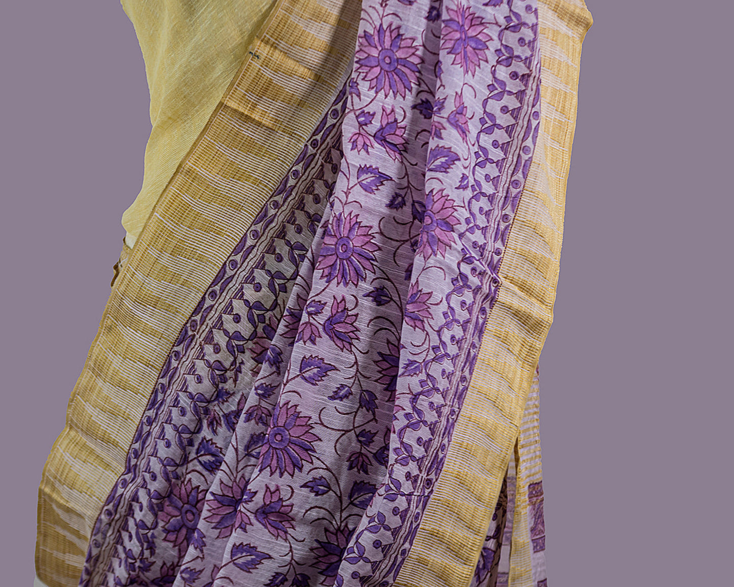 Purple Printed Floral Maheshwari Cotton Saree | simmpli ethnicc