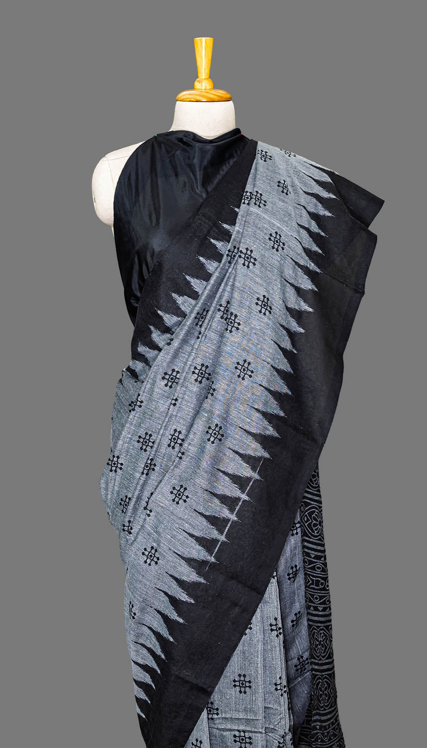 Gray & Black Printed Handloom Cotton Saree | simmpli ethnicc
