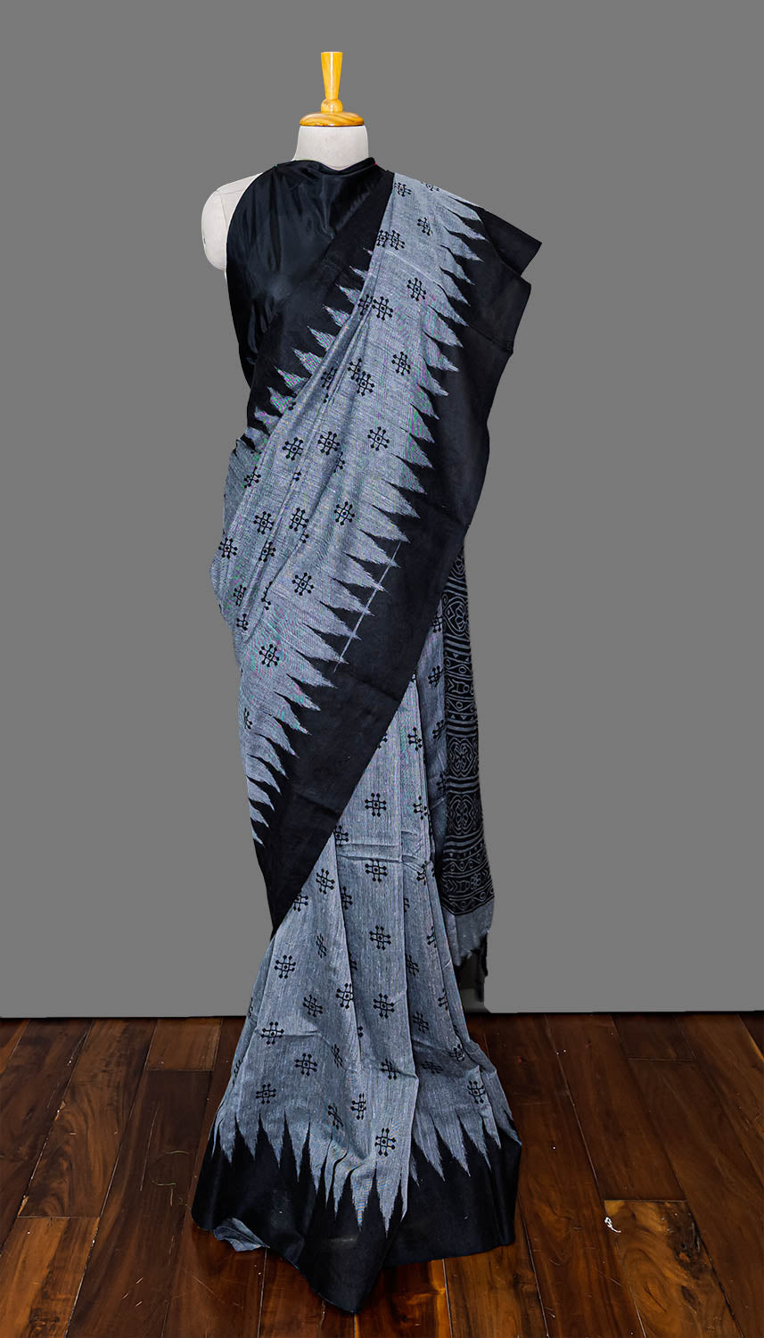 Gray & Black Printed Handloom Cotton Saree | simmpli ethnicc