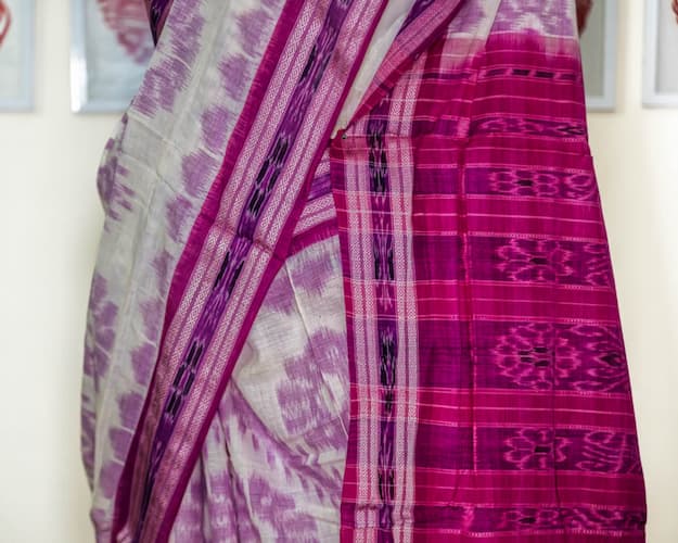 Khadi Cotton Saree- White-Purple-Ikat