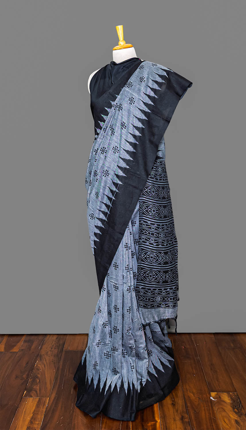 Gray & Black Printed Handloom Cotton Saree | simmpli ethnicc