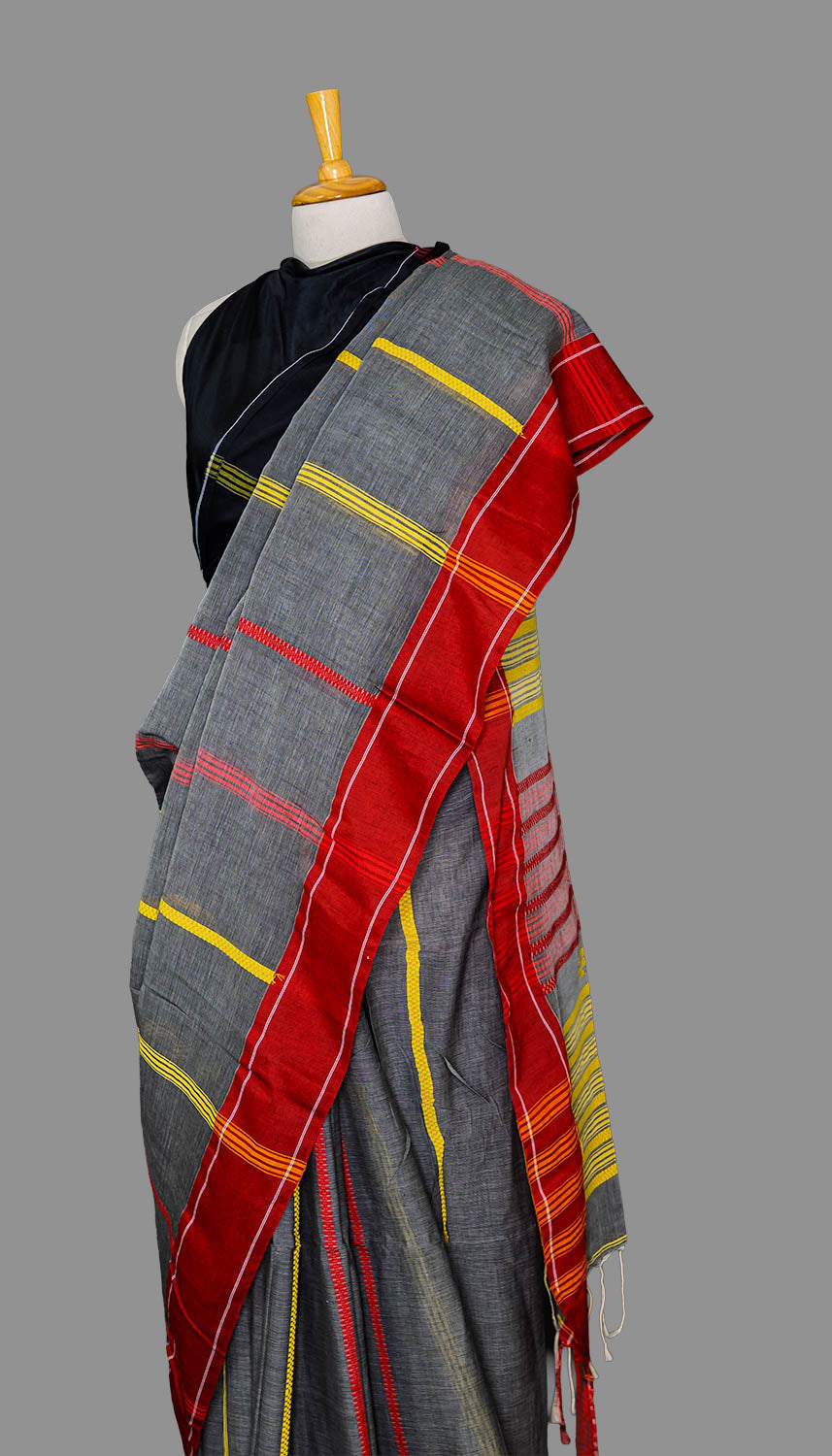 Gray & Red /yellow striped Handloom cotton Saree | simmpli ethnicc