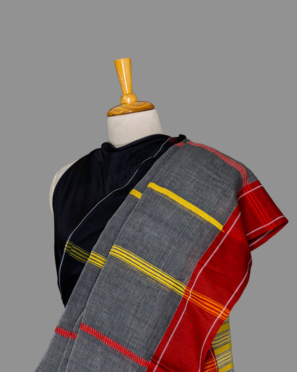 Gray & Red /yellow striped Handloom cotton Saree | simmpli ethnicc