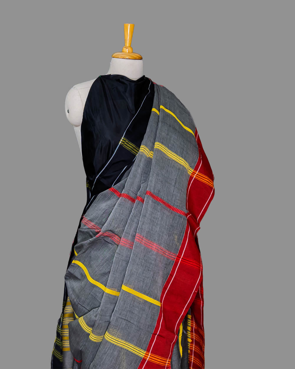 Gray & Red /yellow striped Handloom cotton Saree | simmpli ethnicc