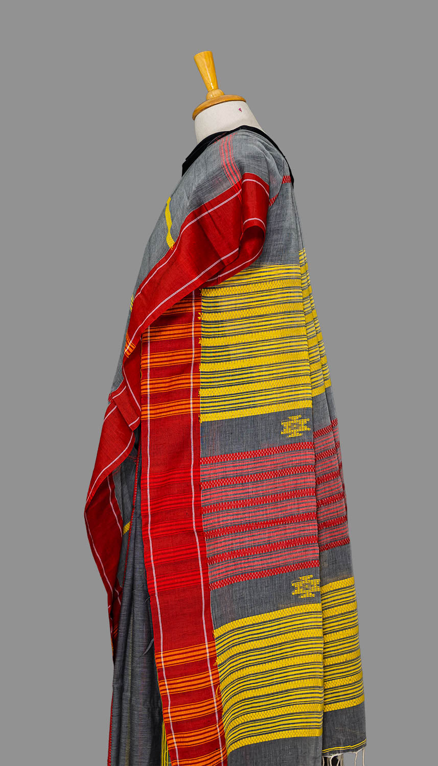 Gray & Red /yellow striped Handloom cotton Saree | simmpli ethnicc