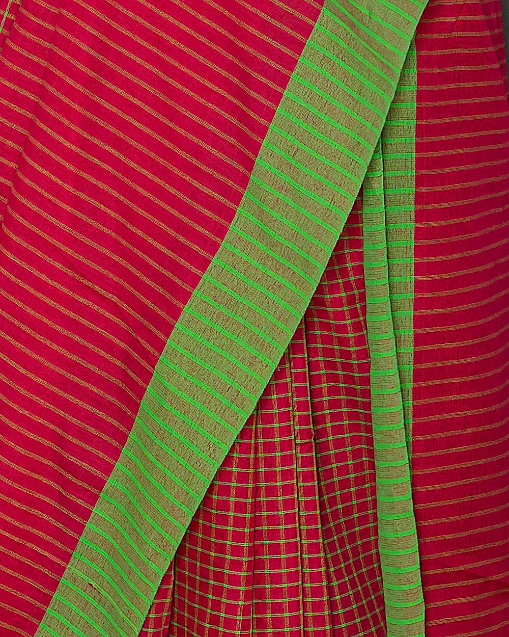 Red & Green Chequred Handloom Cotton Saree | simmpli ethnicc