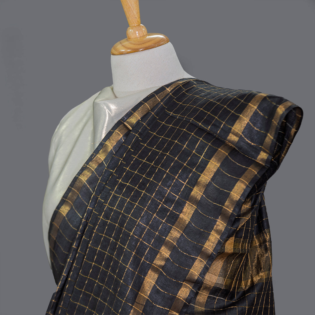 Black Cotton Linen Saree - Golden checkered | slim Border | simmpli ethnicc