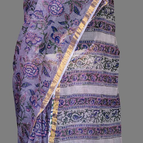 Kota Doria Saree-Mauve Purple-Block Printed