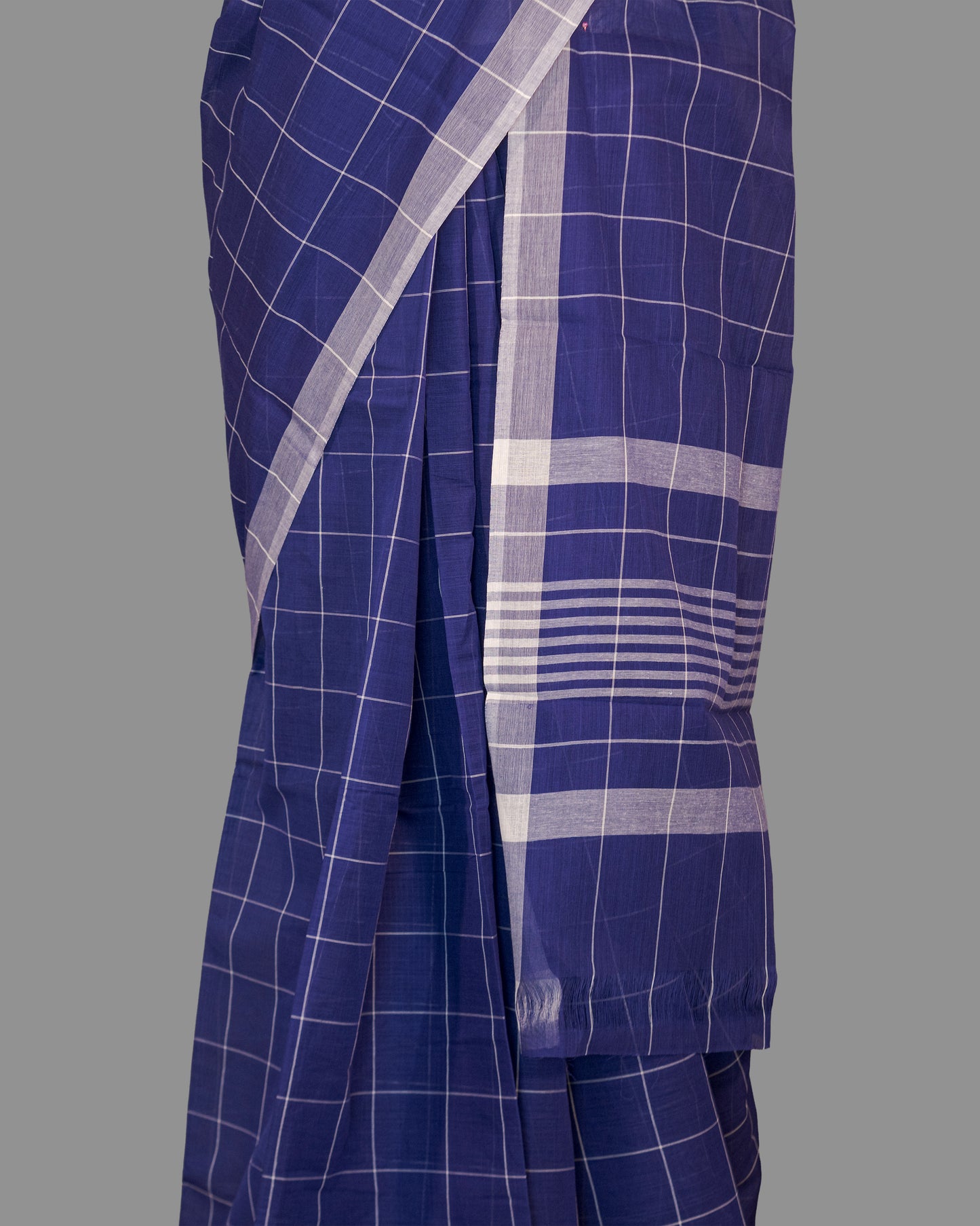 Fine Cotton Handloom Saree-Navy Blue -Checkered