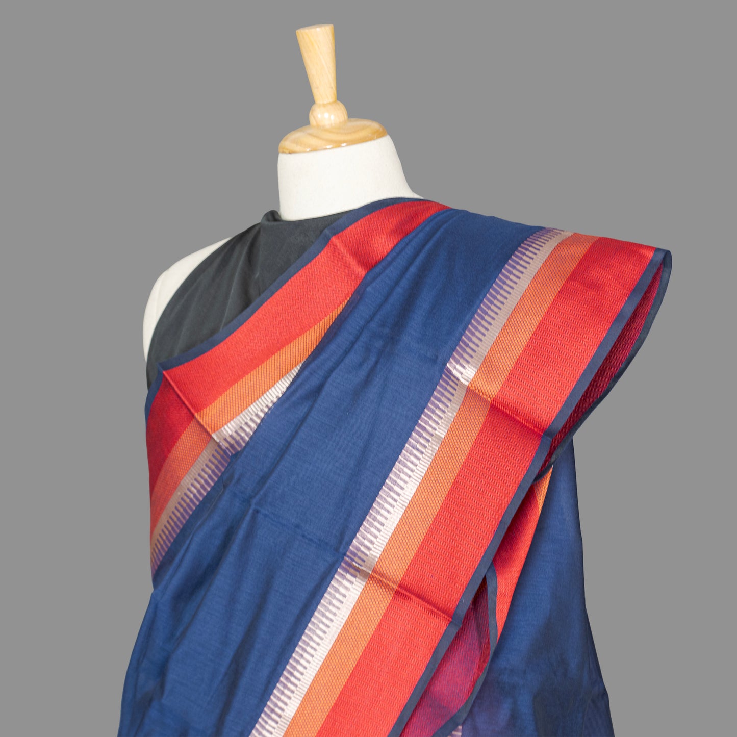 Fine Cotton Maheshwari Saree-Navy Blue-Red Woven Border
