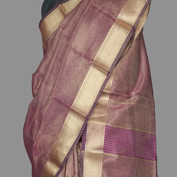 Maheshwari Cotton Tissue Saree-Bronze-Golden Fine Checkered