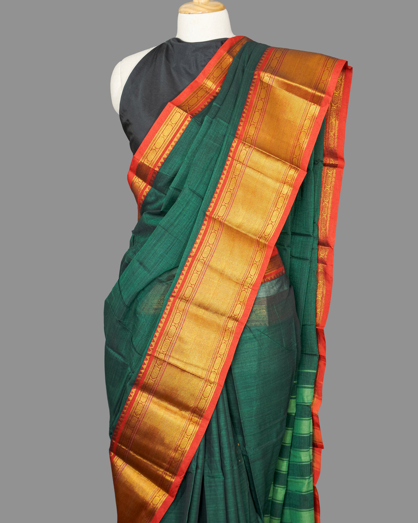 Fine Cotton Saree-Forest Green-Golden Woven Border