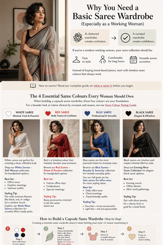 Basic saree wardrobe by colour — white, red, blue and black — Simmpli Ethnicc