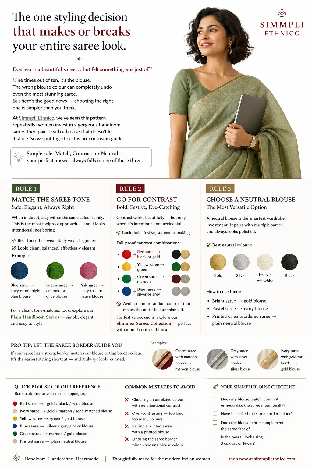 How to choose the right blouse colour for your saree — 3 foolproof rules by Simmpli Ethnicc