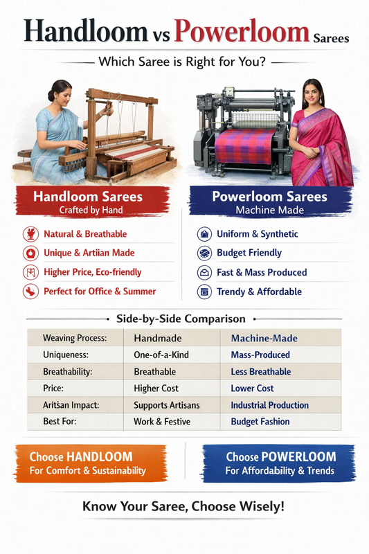 Handloom vs powerloom saree comparison guide for working women in India — Simmpli Ethnicc