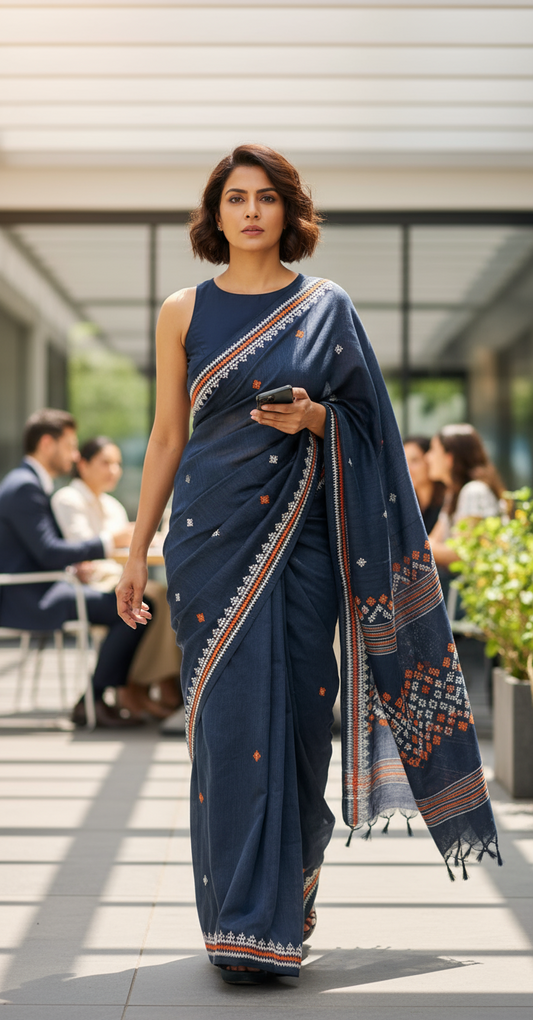 GRAY BLUE HAND EMBROIDERED HANDLOOM COTTON SAREE