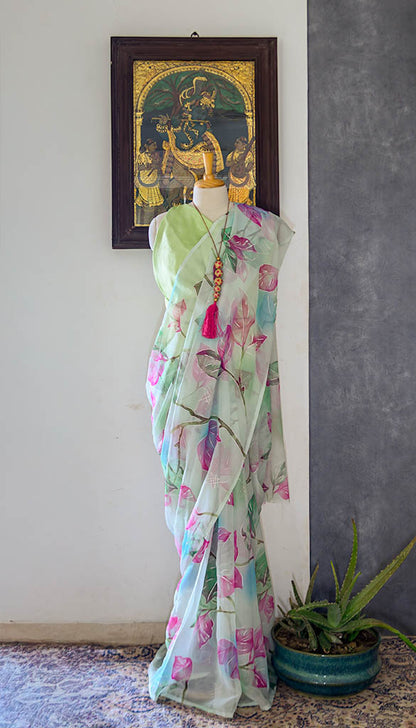 Aqua Green Printed Semi-Chiffon  Saree |simmpli ethnicc