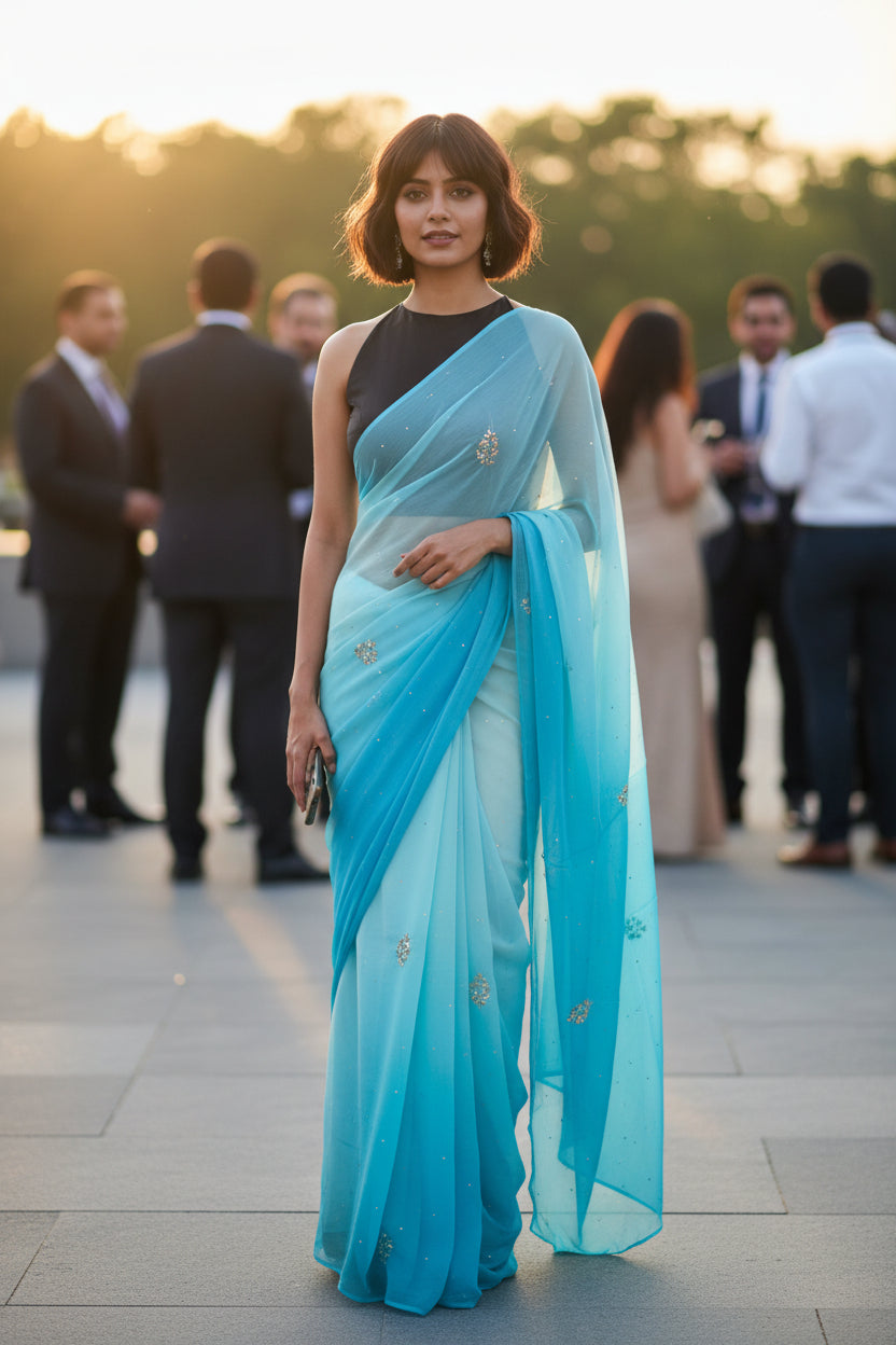 PURE CHIFFON SAREE-BABY BLUE - TYE-DYE -MUKESH- CHIFFON SAREE COLLECTION | simmpli ethnicc