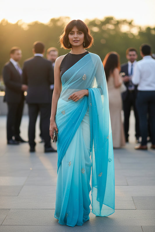 PURE CHIFFON SAREE-BABY BLUE - TYE-DYE -MUKESH- CHIFFON SAREE COLLECTION | simmpli ethnicc