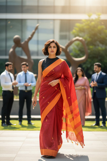 MUSLIN COTTON SAREE-MAROON RED- HANDLOOM SAREE COLLECTION | simmpli ethnicc